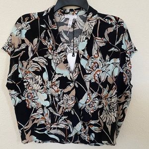 NWT Leith Cap Sleeve Black Floral Faux Wrap Shirt